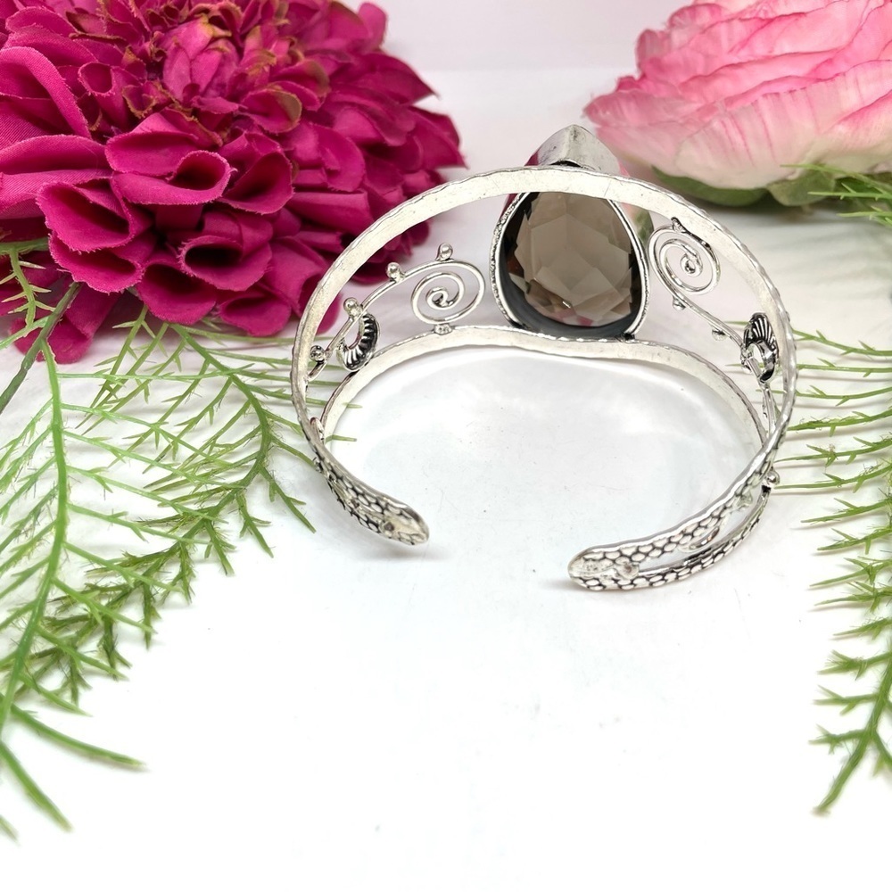 NEW⚜️STERLING SILVER Smoky Quartz Ornate Cuff Bracelet - Picture 5 of 9